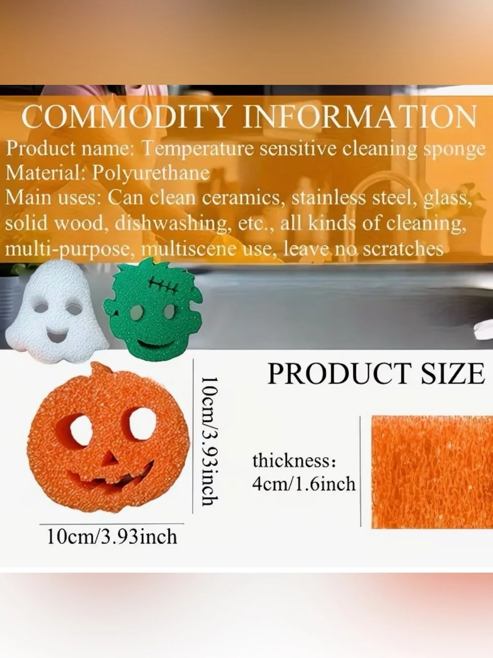 3 Halloween Scrub Sponges White Ghost Orange Pumpkin Green Frankenstein